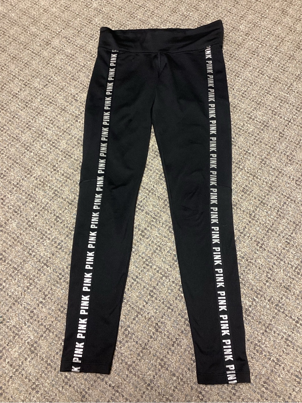 PINK Victoria's Secret Cozy Fleece Lined Black Logo Side-Stripe Leggings * Small
